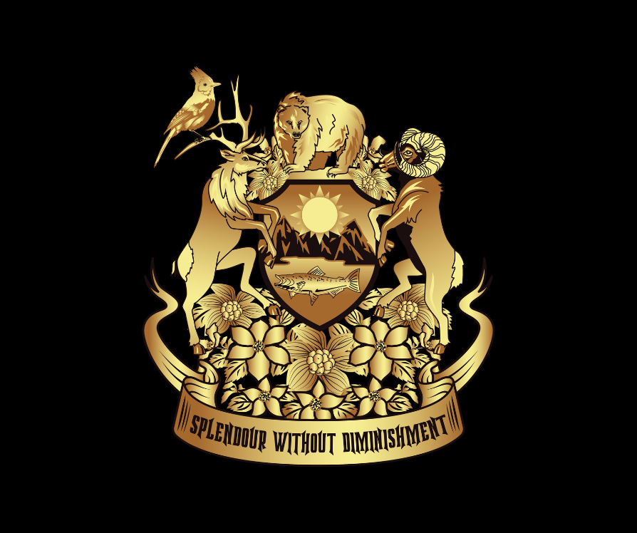 Gold crest for British Columbia featuring Spirit Bear, Steller's Jay, Wapiti, Bighorn Sheep, salmon, and dogwood.