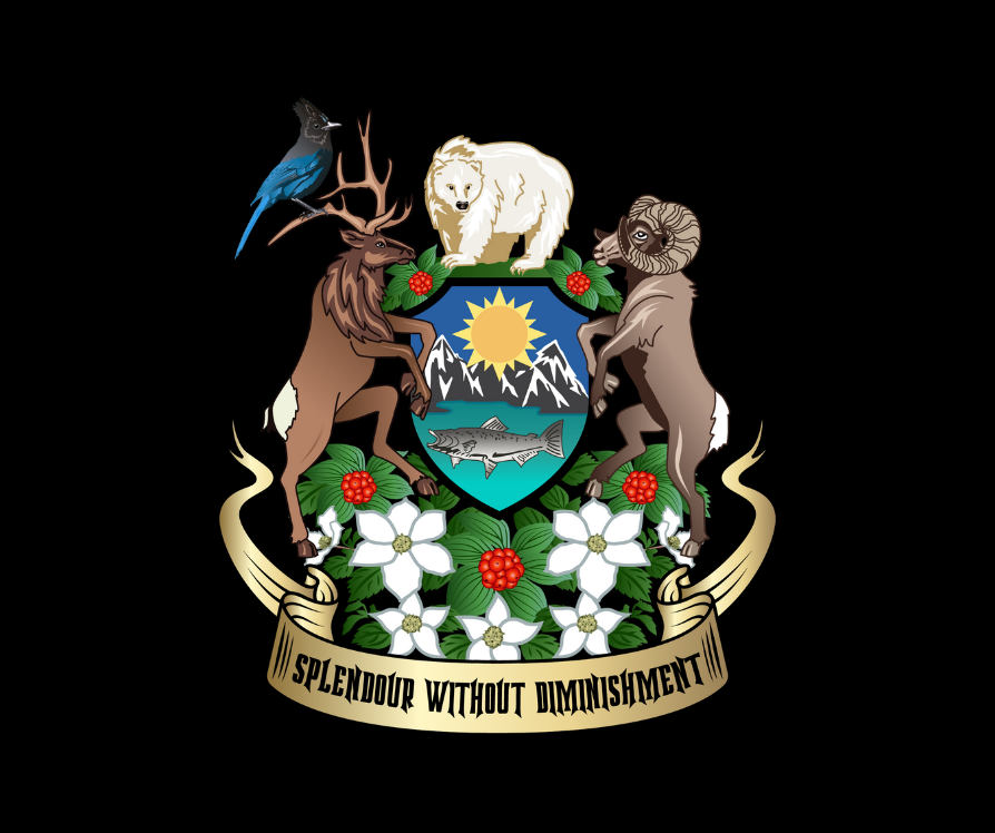 Full-color crest for British Columbia featuring Spirit Bear, Steller's Jay, Wapiti, Bighorn Sheep, salmon, and dogwood.