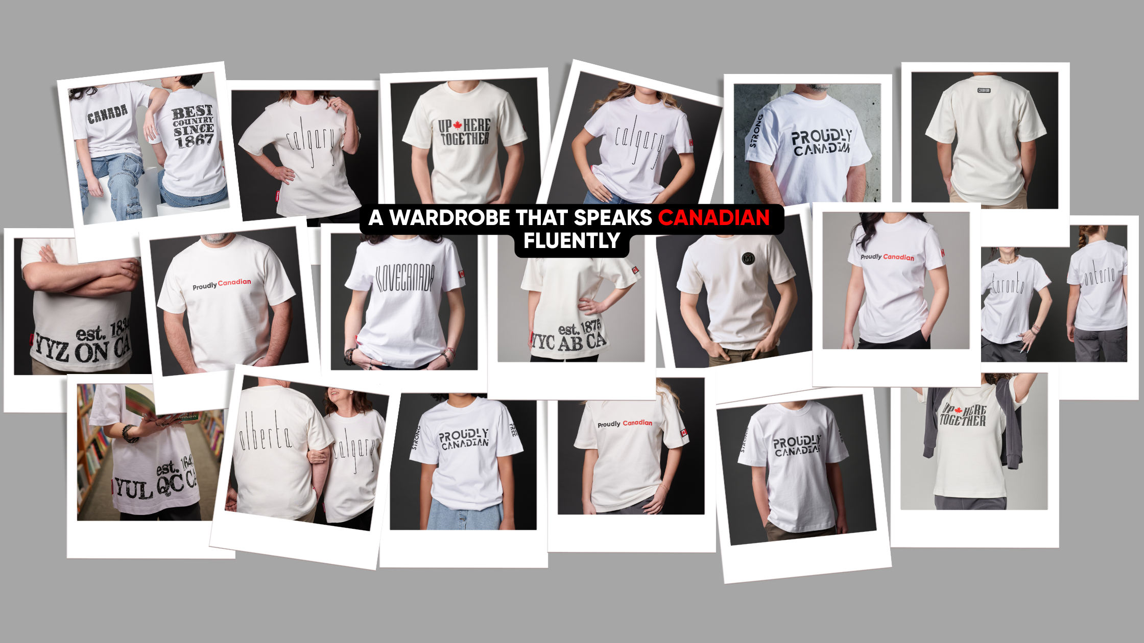 A collage of Kermodee t-shirts on various body types, showcasing symbolic Canadian prints. The banner reads "A wardrobe that speaks Canadian fluently."
