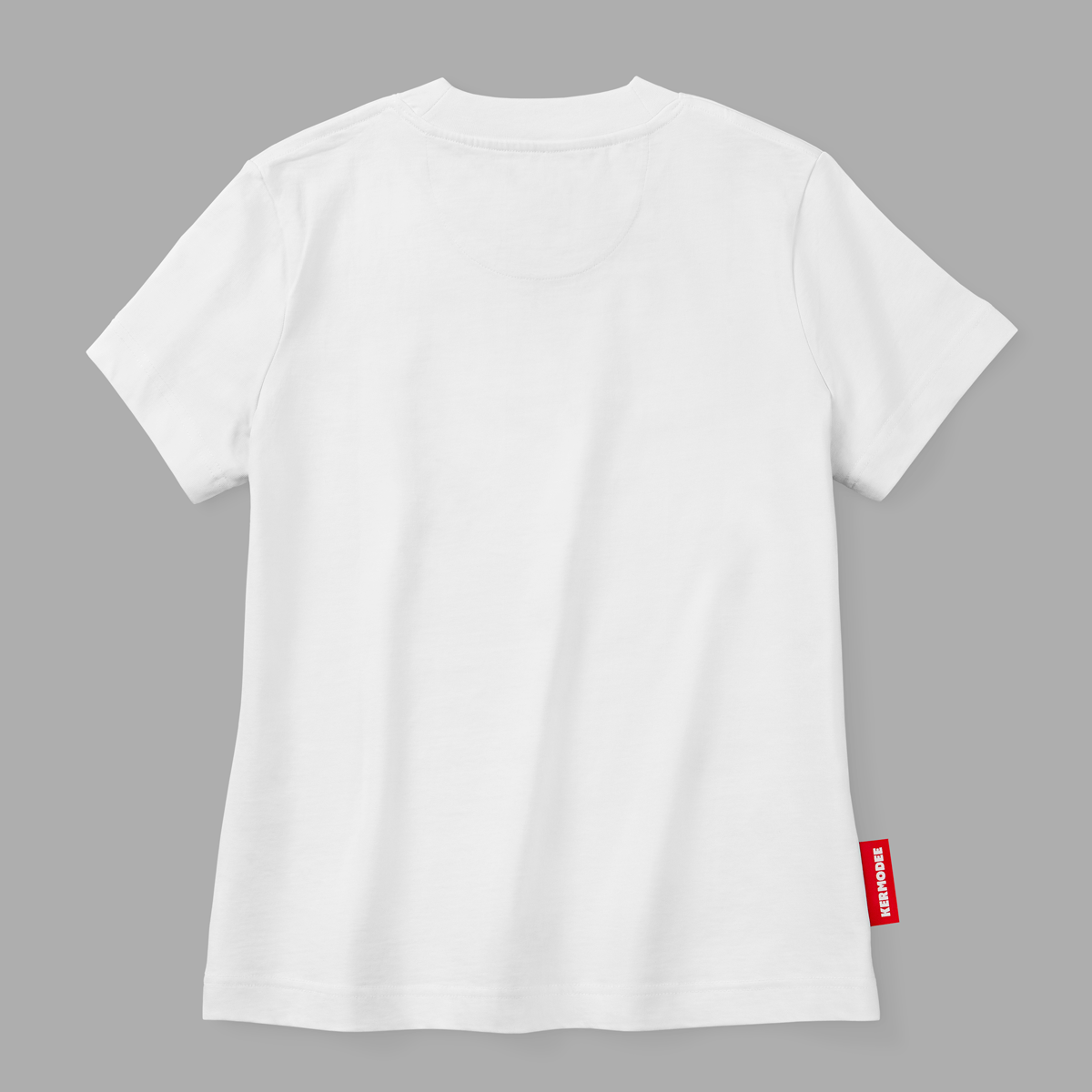 Back view of white Proudly Canadian t-shirt with plain design and Canada flag patch on sleeve