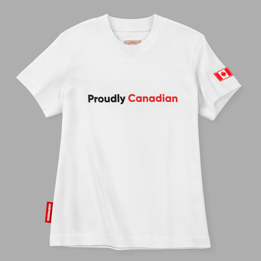 Front view of white t-shirt with Proudly Canadian text in bold black and red font and Canada flag patch on sleeve