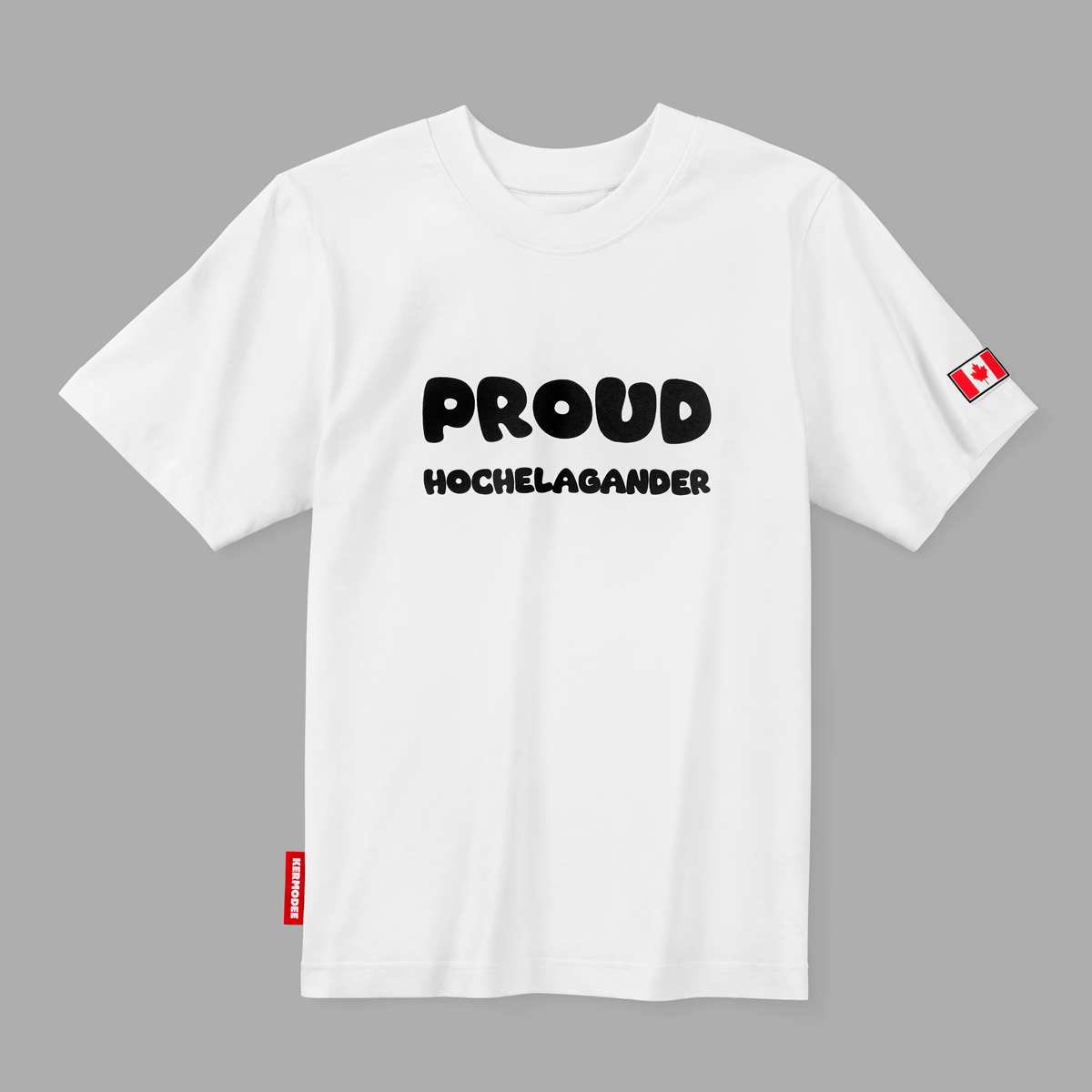 Front view of white Proud Hochelagander t-shirt with bold black typography and Canada flag patch on sleeve