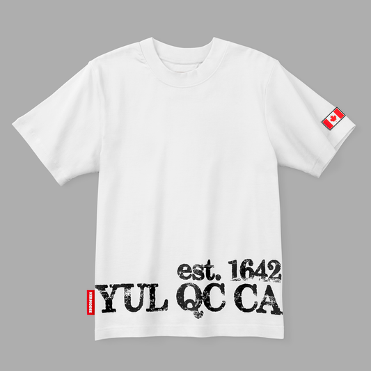 Front view of white Montreal Heritage t-shirt with YUL QC CA est. 1642 print and Canada flag patch on sleeve