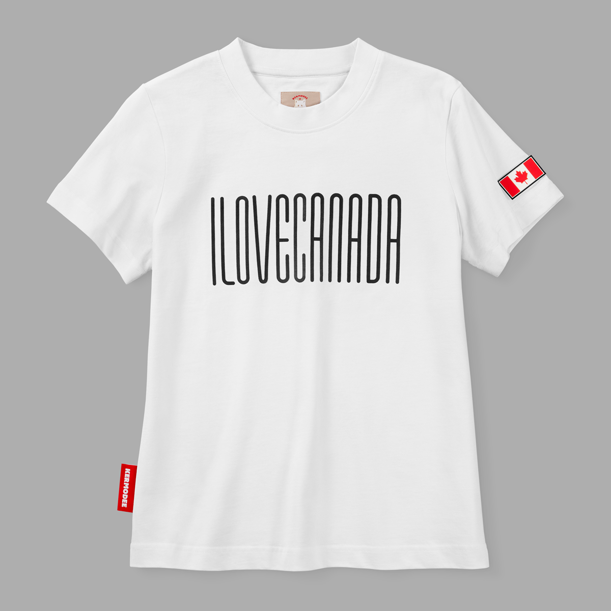 Front view of white I Love Canada t-shirt with tall black lettering and Canada flag patch on sleeve