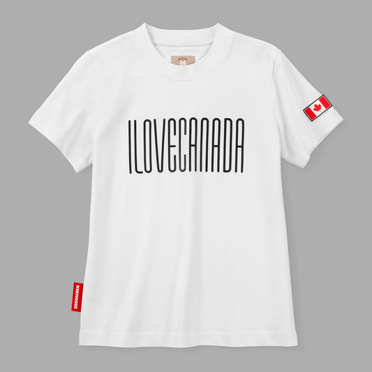 Front view of white I Love Canada t-shirt with tall black lettering and Canada flag patch on sleeve