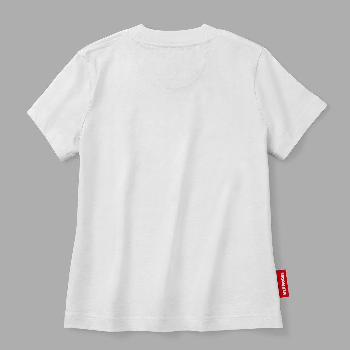 Back view of white I Love Canada t-shirt with plain design and Canada flag patch on sleeve