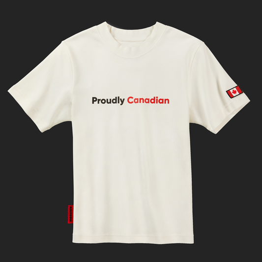 Front view of off-white t-shirt with Proudly Canadian in bold black and red font and Canada flag patch on sleeve