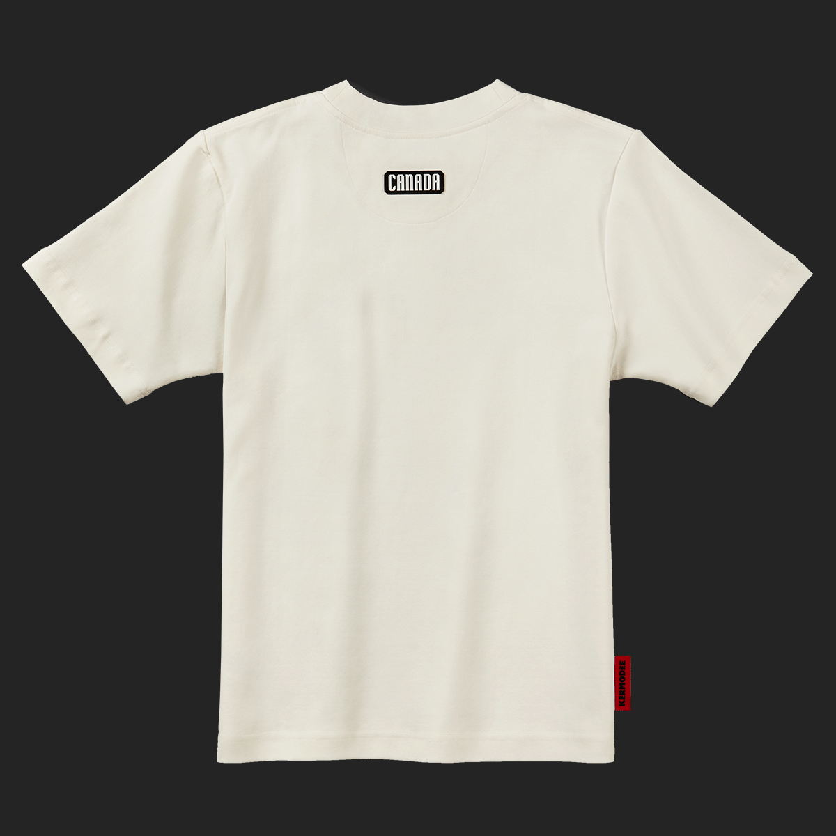 Back view of cream off-white Kermodee Spirit t-shirt with black silicone CANADA patch below neckline