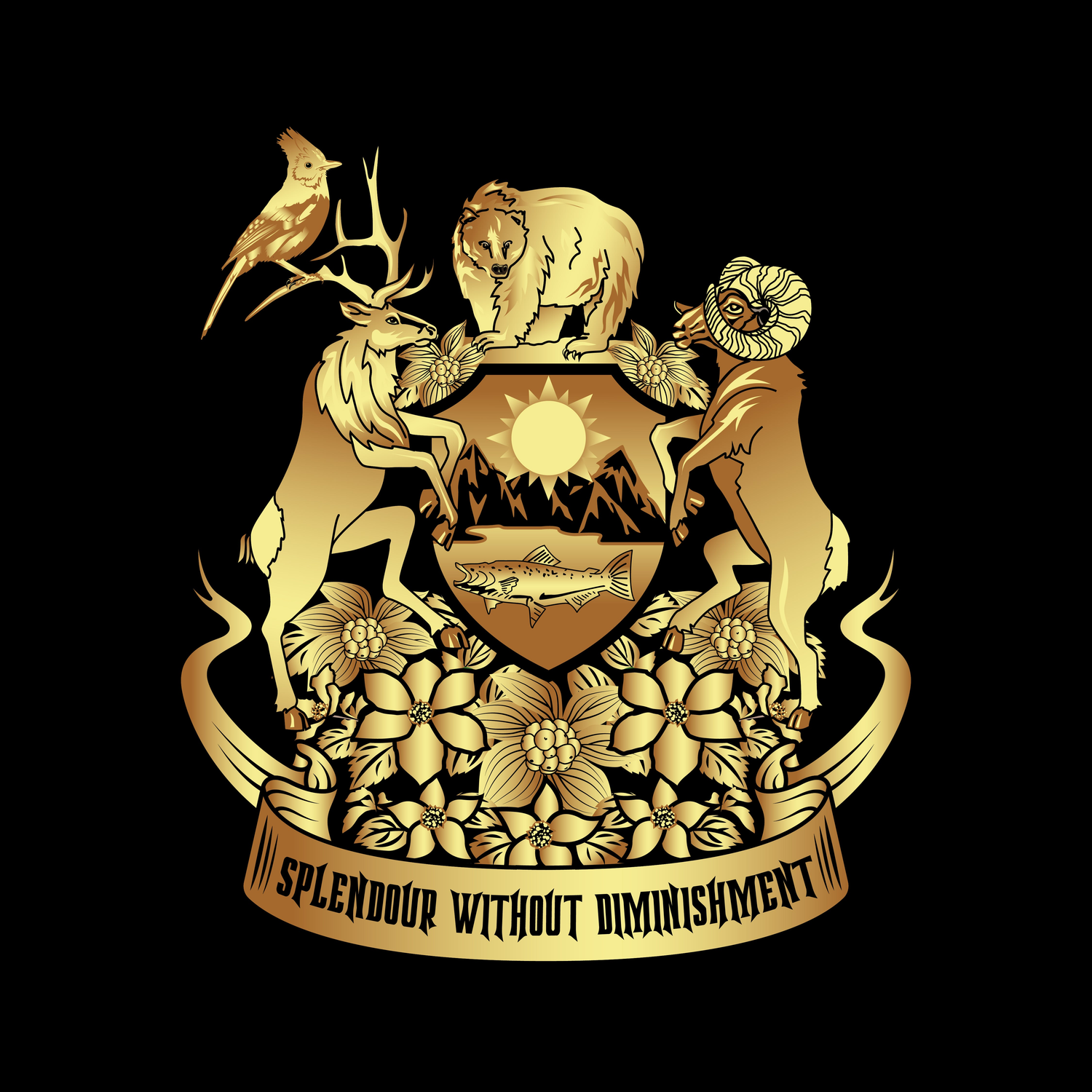 Gold crest for British Columbia featuringSpirit Bear, Steller's Jay, Wapiti, Bighorn Sheep, salmon, and dogwood.