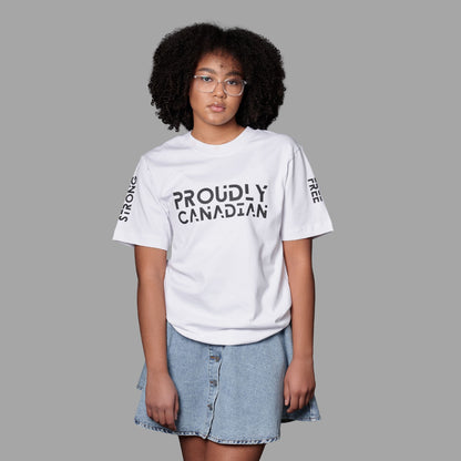 Female model wearing Strong and Free Proudly Canadian Unisex T-Shirt with raised high-density Proudly Canadian graphic