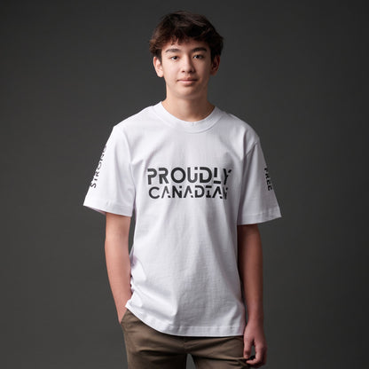 Male model wearing Strong and Free Proudly Canadian Unisex T-Shirt featuring raised high-density Proudly Canadian typography