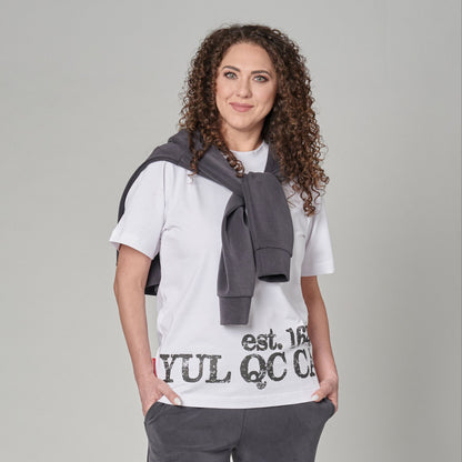 Front view of Montreal Quebec Heritage Unisex T-Shirt featuring distressed YUL QC CA EST. 1642 print and Canadian flag sleeve patch