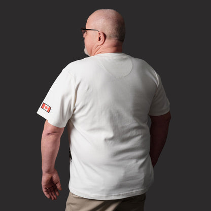 Back view of male model wearing Toronto Ontario Heritage Unisex T-Shirt showing garment fit and silhouette