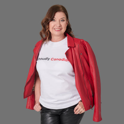 Female model wearing Proudly Canadian Women's T-Shirt in premium white cotton with raised high-density typography and red jacket styling