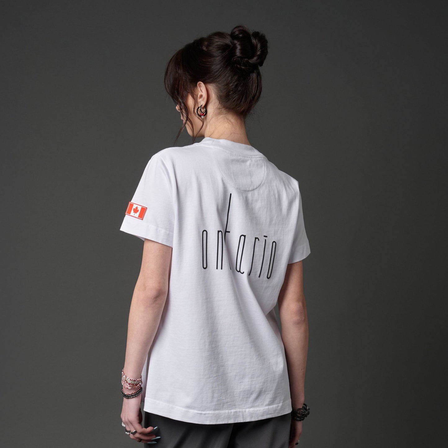 Back view of Toronto Ontario Women's T-Shirt with raised high-density Ontario typography and clean rear design
