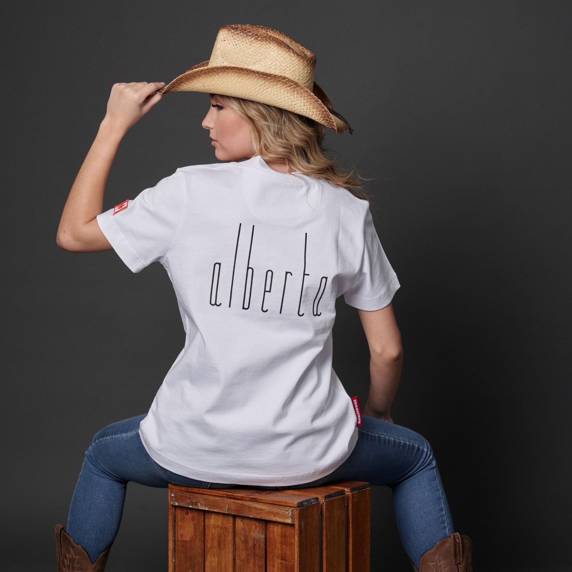 Back view of Calgary Alberta Women's T-Shirt featuring vertical Alberta lettering and classic women's fit