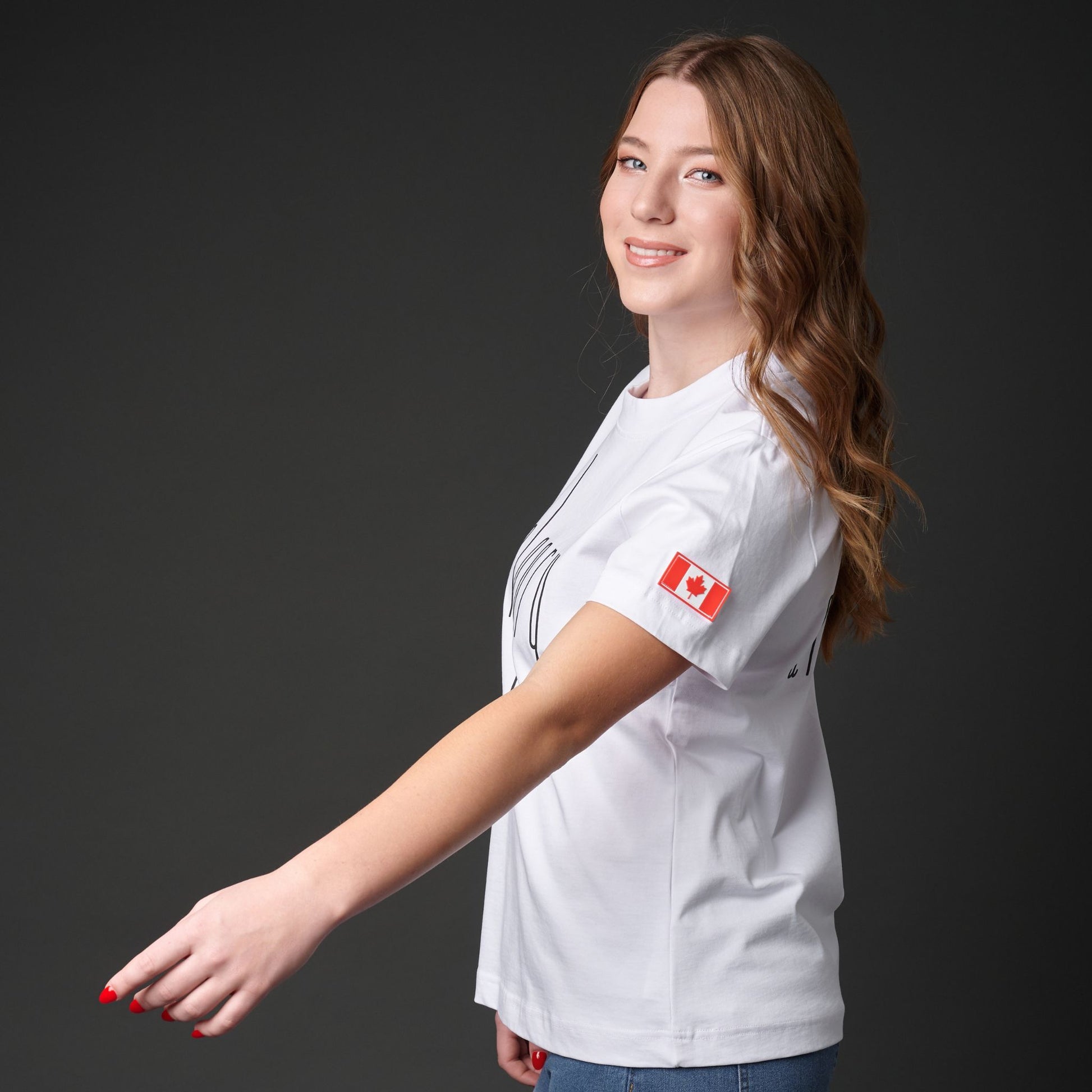 Side view of Calgary Alberta Women's T-Shirt showing Canadian flag patch on left sleeve and fitted women's silhouette