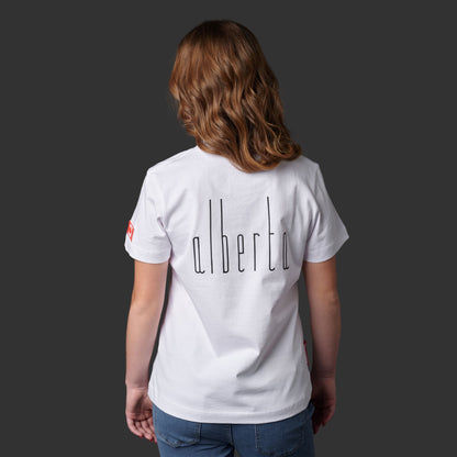 Back view of Calgary Alberta Women's T-Shirt featuring vertical Alberta lettering and classic women's fit