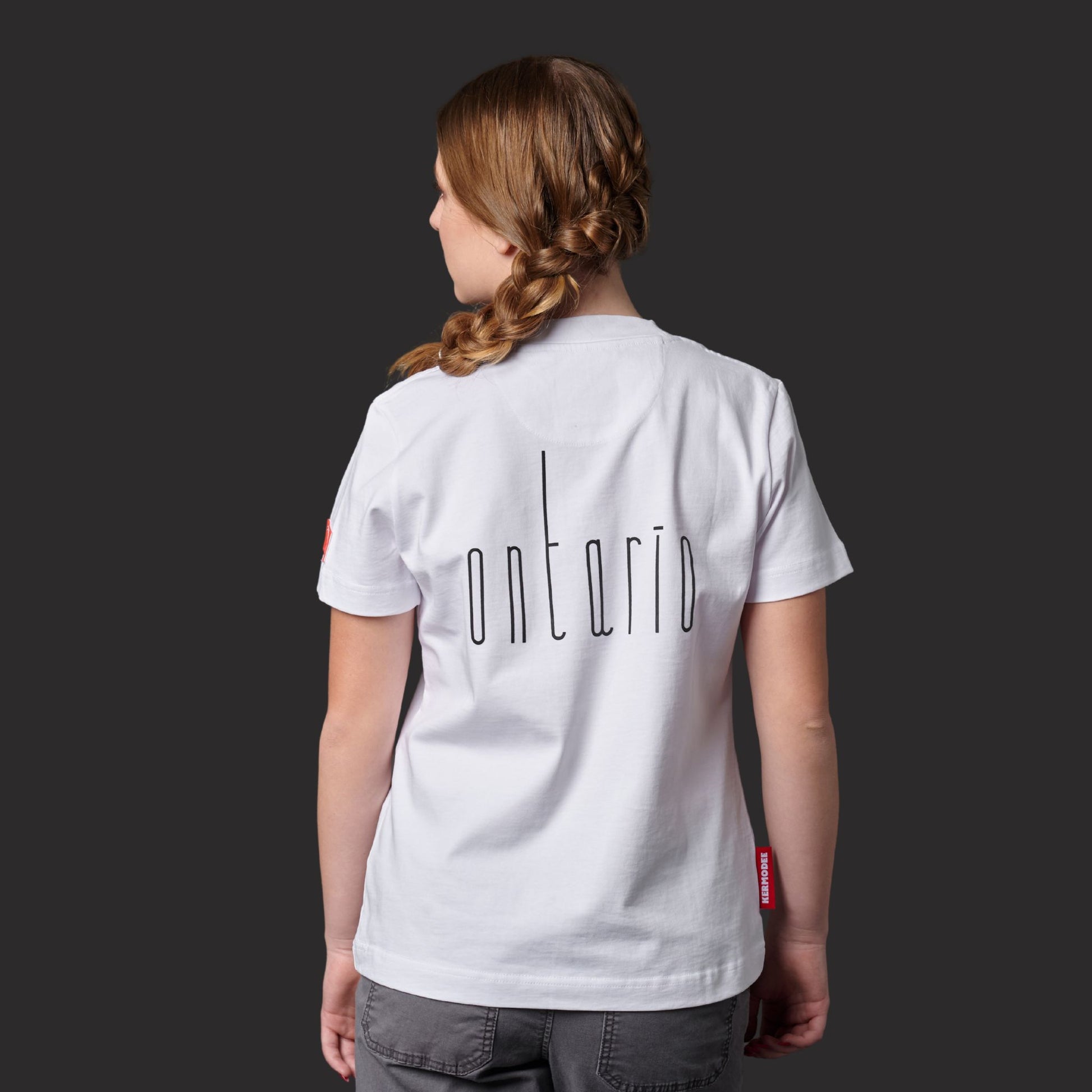 Back view of Toronto Ontario Women's T-Shirt with raised high-density Ontario typography and clean rear design
