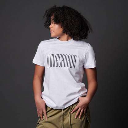 Female model wearing I Love Canada Women's T-Shirt featuring raised high-density black typography