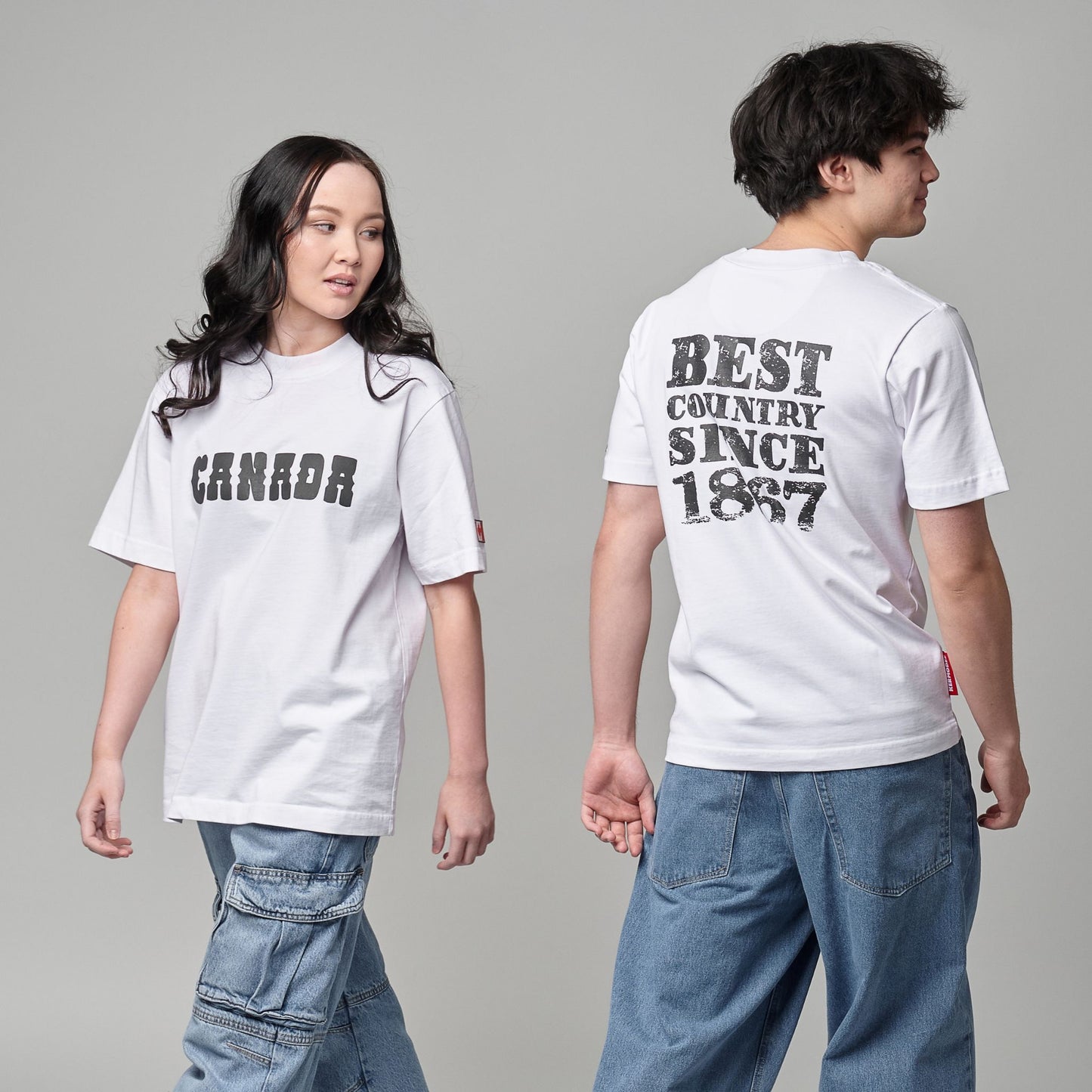 Male and female models wearing Canada Best Country Since 1867 Unisex T-Shirts showing front and back heritage designs