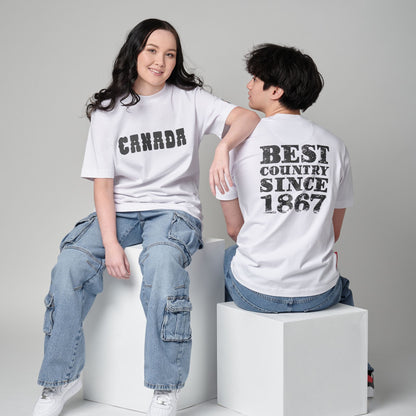 Male and female models wearing Canada Best Country Since 1867 Unisex T-Shirts showing front and back heritage designs