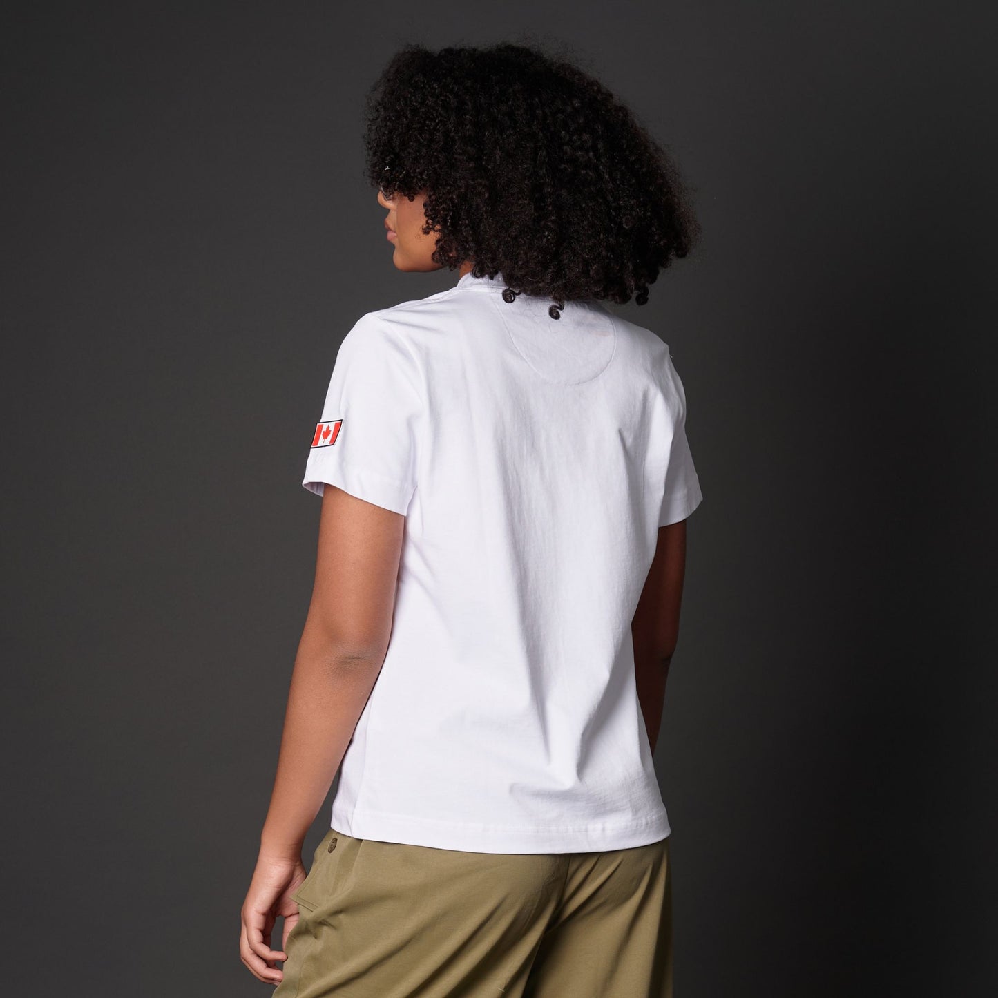 Back view of female model wearing I Love Canada Women's T-Shirt with clean rear design and tailored women's fit