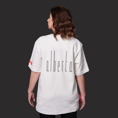 Back view of Calgary Alberta Unisex T-Shirt showing vertical Alberta lettering and classic unisex fit