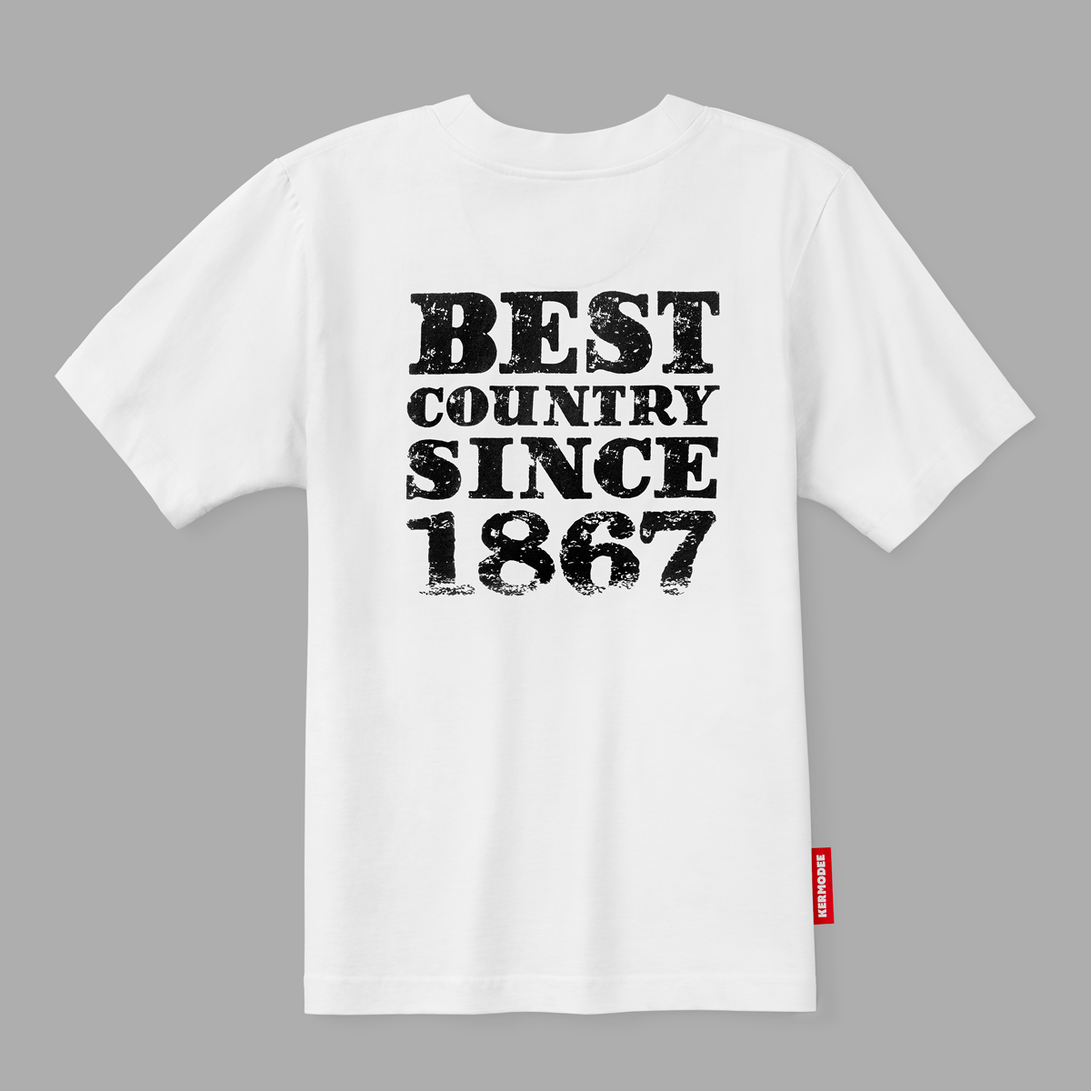 Back view of white Kermodee t-shirt with bold black Best Country Since 1867 print.