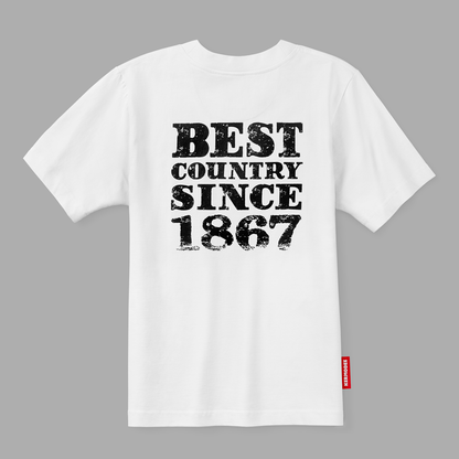 Back view of white Kermodee t-shirt with bold black Best Country Since 1867 print.
