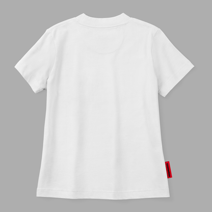 Back view of white Up Here Together t-shirt with plain design and Canada flag patch on sleeve