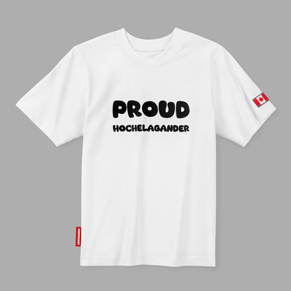 Front view of white Proud Hochelagander t-shirt with bold black typography and Canada flag patch on sleeve