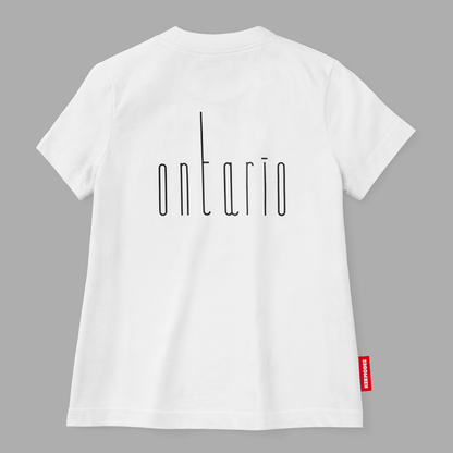 Back view of white t-shirt with thin black vertical Ontario lettering and red KERMODEE side label