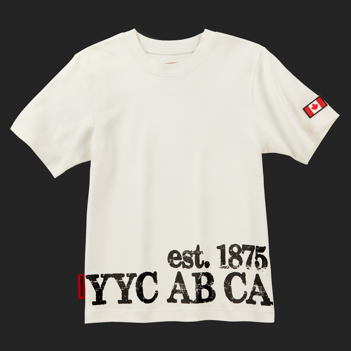 Front of white cream Calgary Heritage t-shirt with YYC AB CA est. 1875 print and Canada flag patch on sleeve