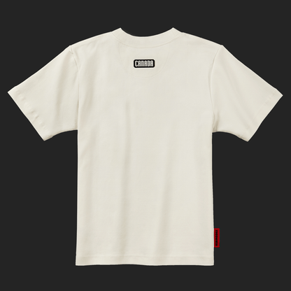 Back view of cream off-white Kermodee Spirit t-shirt with black silicone CANADA patch below neckline