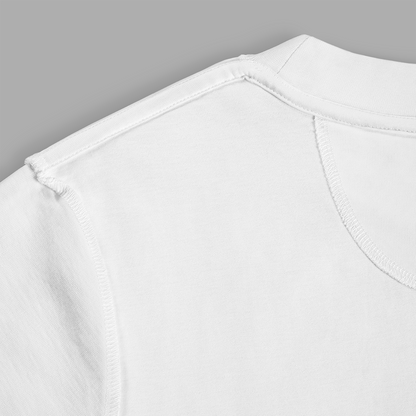 Close-up of inside seams and shoulder stitching on white Kermodee t-shirt