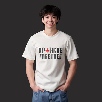 Male model wearing Up Here Together Canada Unity Unisex T-Shirt with raised black lettering and red maple leaf graphic