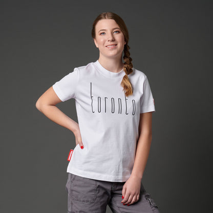 Female model wearing Toronto Ontario Women's T-Shirt featuring raised high-density Toronto city typography